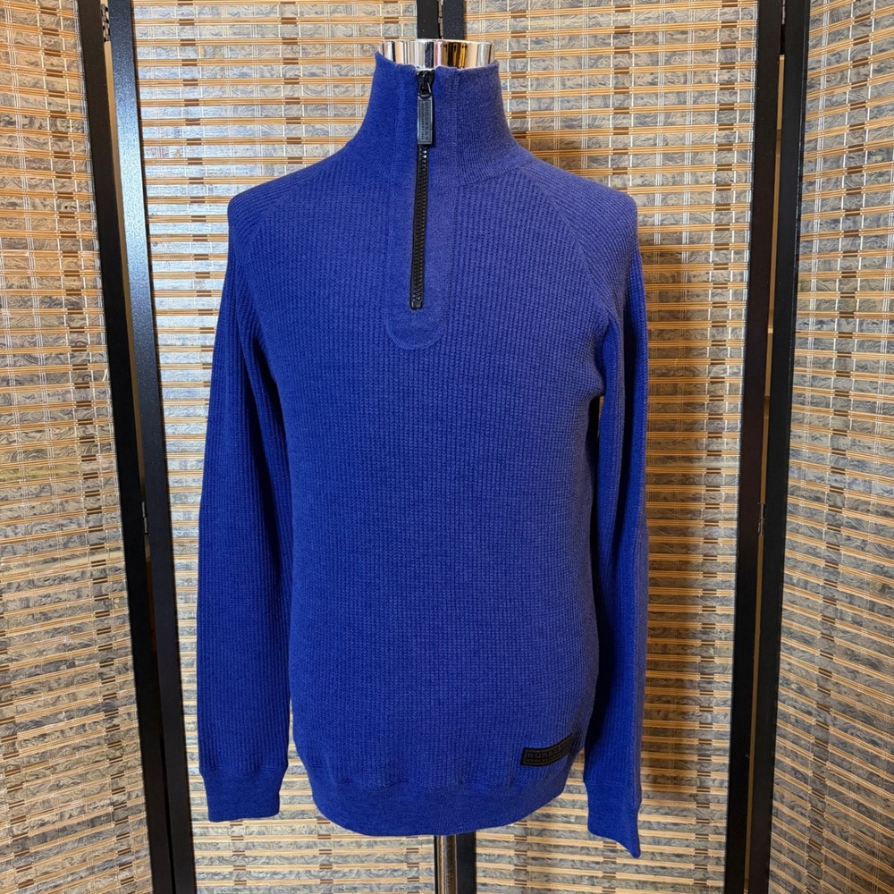 Burberry Quarter Zip Sweater Mens L Blue Wool Cotton Waffle Knit Pullover